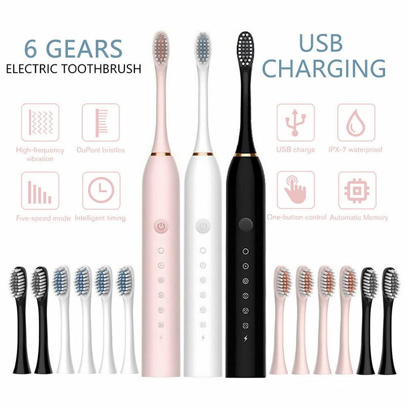 USB Rechargeable Toothbrush Electric 6 Modes Waterproof 4*Replacement Brush-heads Electric Tooth-brush
