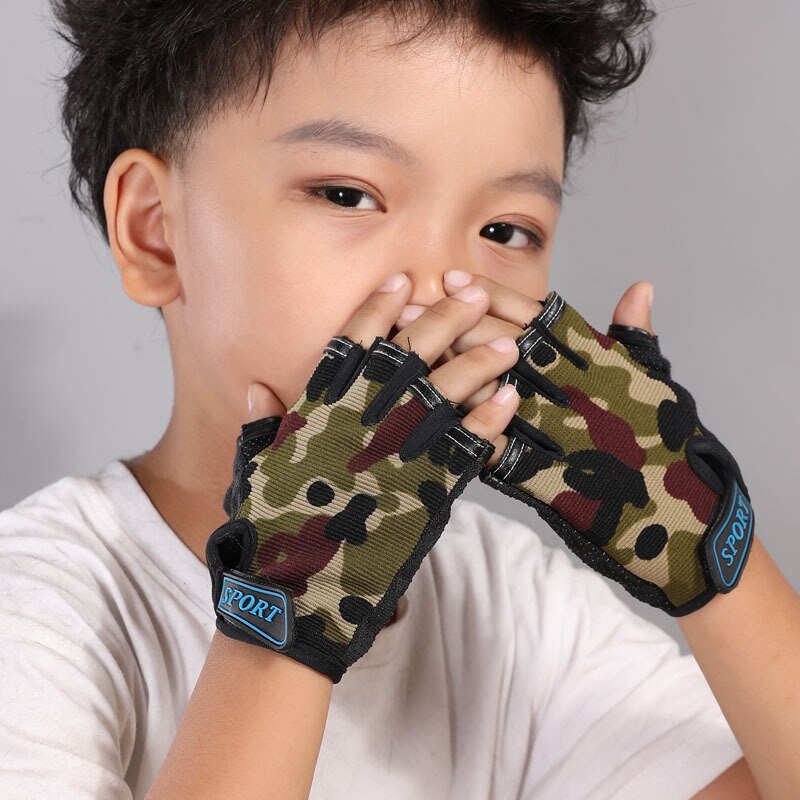 Kinderen Fietsen Half Vinger Handschoenen Fiets Handschoenen Elastische Antislip Kind Kid Fiets Handschoenen Buiten Rijden Camouflage Apparatuur C