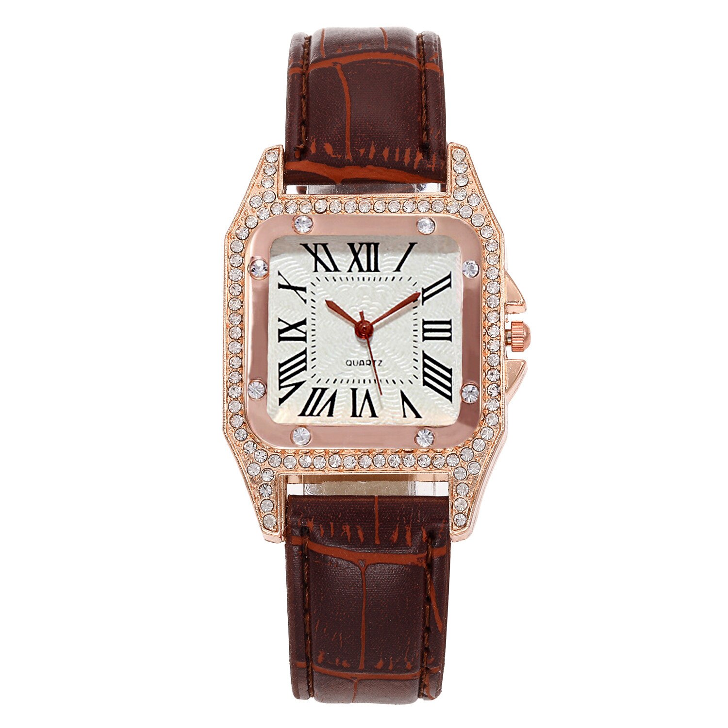 Dames Quartz Horloge Rhinestone Crystal Tonneau Vrouwen Horloge Jurk Luxe Romeinse Cijfers Lederen Horloge Voor Vrouwen: 06