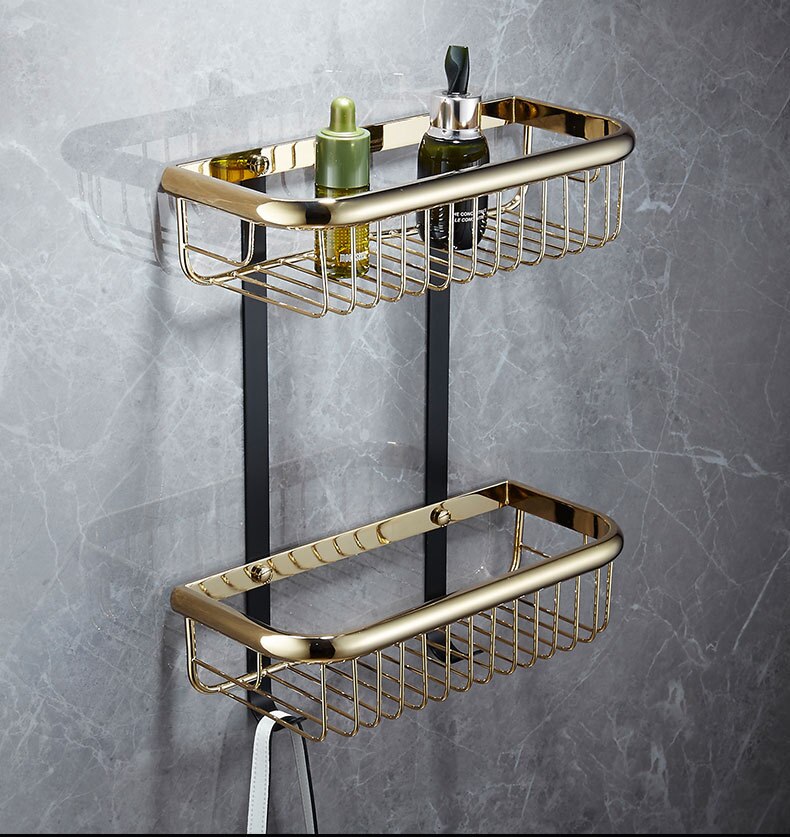 Tuqiu Badkamer Hoekplank Goud En Zwart Badkamer Planken Messing Badkamer Opslag Organizier Shampoo Houder Badkamer Houder