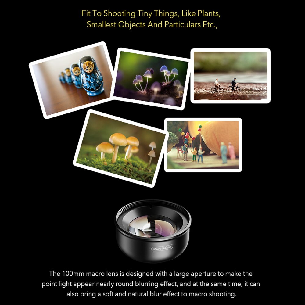 Apexel APL-HB100mm universal smartphone lente macro 4k hd lente da câmera do telefone sem distorção desfocada fundo compatível para iphone