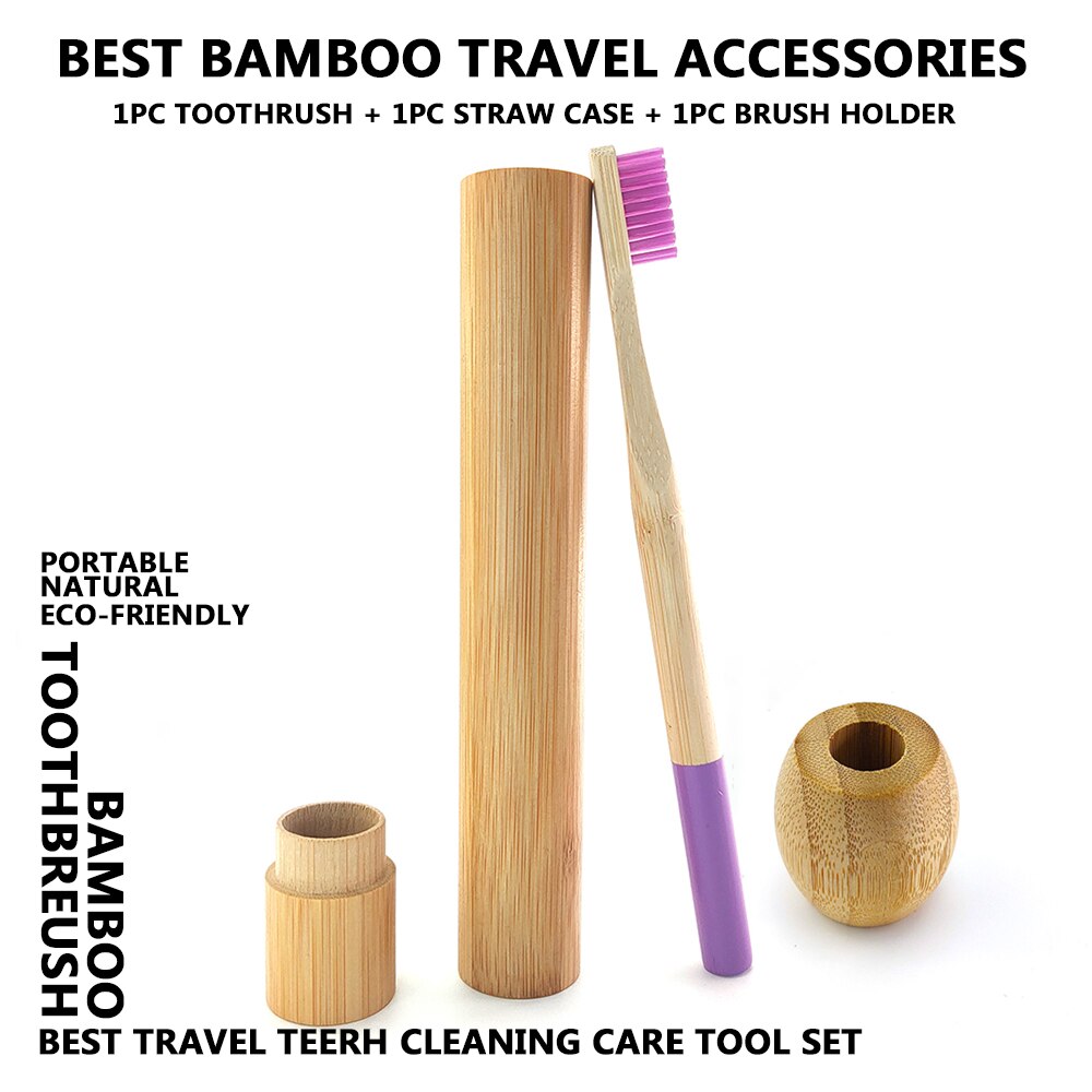 Colorful Column Bamboo Toothbrush Top Flat Portable Travel Set with Bamboo Tube Bamboo Case Natural Wooden Toothbrush Holder: Purple