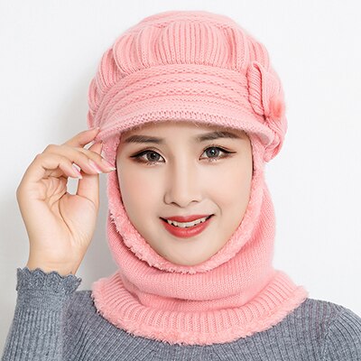 Female Neck Warmer autumn winter Beanies Hats Mask Women Winter Hat Knitted Hats Scarf Set Beanie Ski Caps Woman: pink