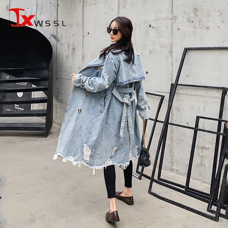Vintage Denim Trench Coat Women Classic Double Breasted Hole Long Windbreaker Female Spring Street Loose Denim Coat