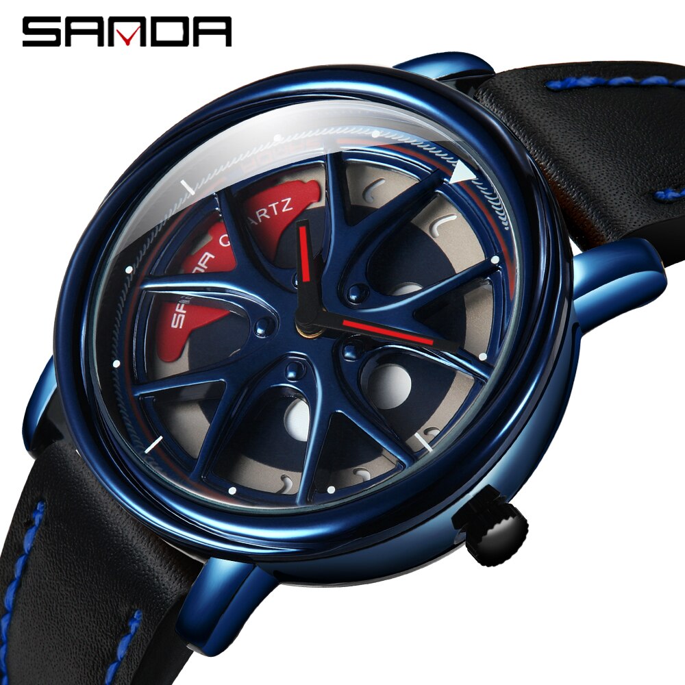 Auto velg quartz horloge man creativiteit auto polshorloge stalen magneetsluiting wiel velg naaf horloges relogio masculino: Leerblauw