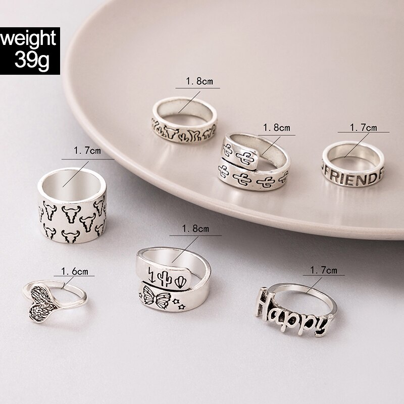 Docona 7 Stks/set Vintage Bull Hoorn Vlinder Ringen Voor Vrouwen Cactus Hart Brief Gelukkig Geometrie Ring Set Sieraden Anillos 20891
