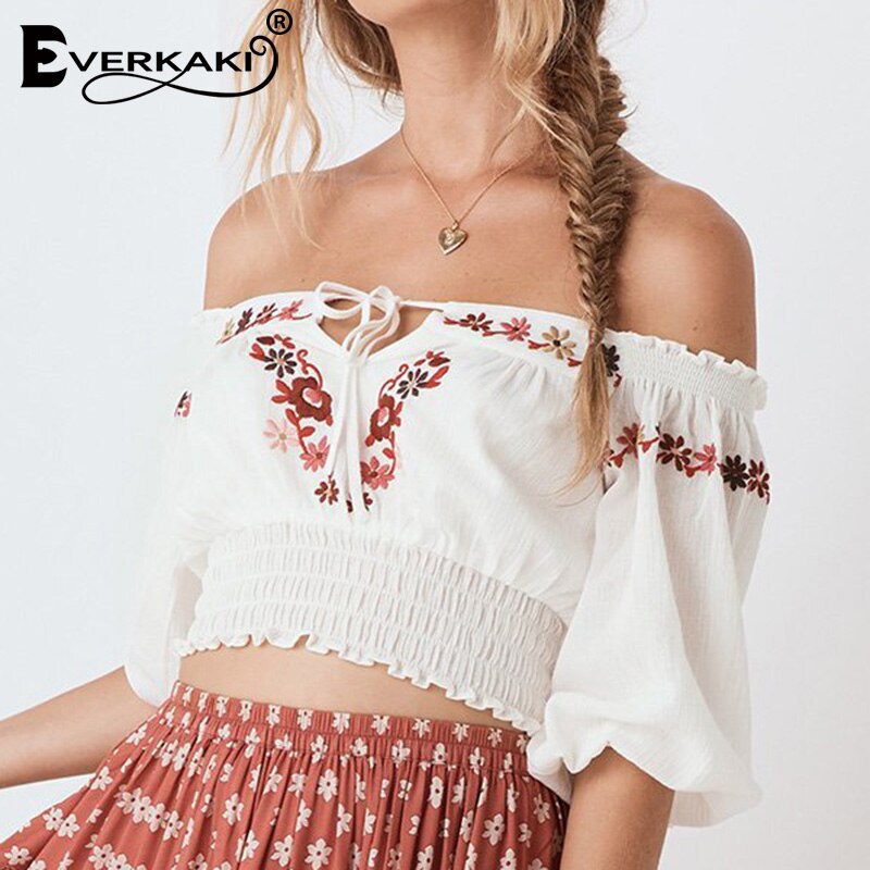 Everkaki Boho Floral broderie femmes Blouse hauts courts hors épaule à lacets Vintage gitane Top Blouses femme automne