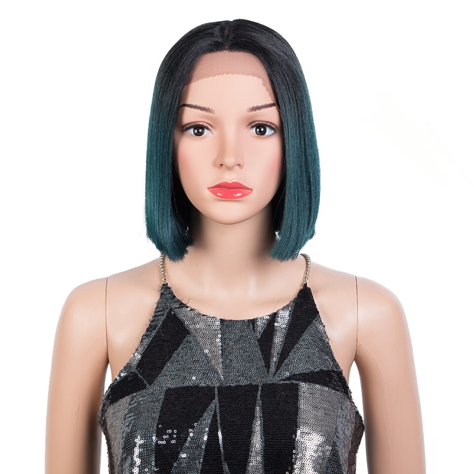 Magic 11inches Black Bob Wig Middle Part Synthetic Front Lace Wig For Black Women High Temperature Heat Resistant Fiber Hair: TT1B-GREEN8