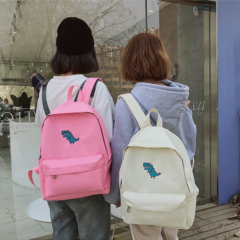 Coreano lona mochila estudante para meninas adolescentes mochila de viagem grande capacidade bonito dos desenhos animados dinossauro imprimir mochila casual