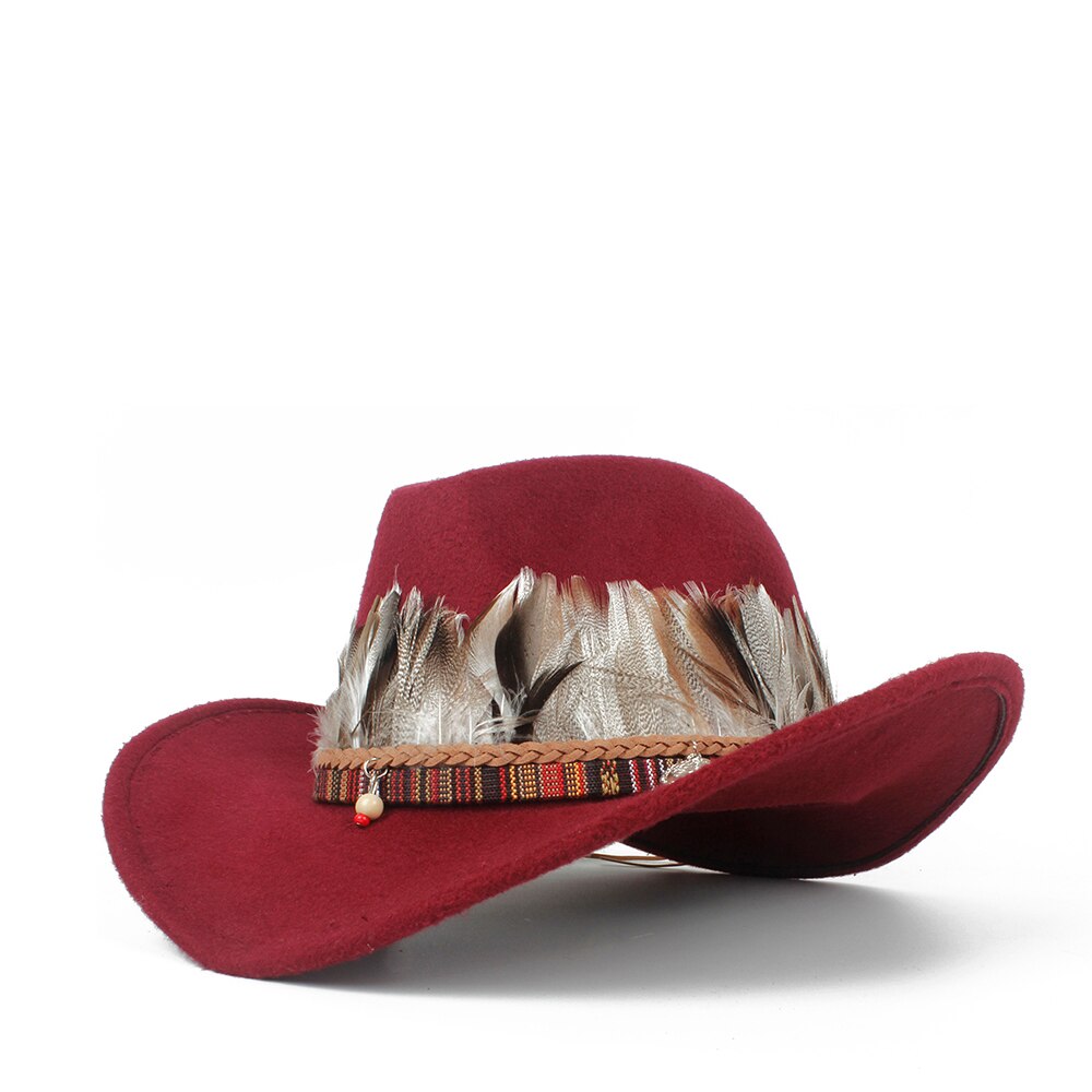 Sombrero de vaquero occidental de lana para niño y niña, Sombrero de cuero con agujeros, Outblack, Sombrero de Jazz para Hombre: Wine red