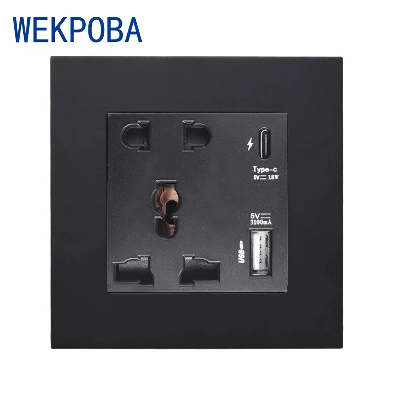WEKPOBA Type-C Interface Socket 18W 4000mA Smart Quick Charge, Wall PC Panel Universal 5 Pin Power Outlet With USB: Black