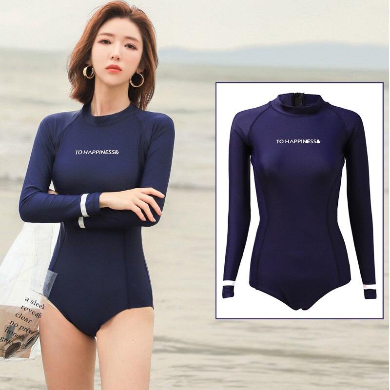 Damer ensfarvet marineblå badedragt maillot langærmet monokini badedragter sol uv-beskyttelse strandtøj surfdragt tilbage lynlås: Xl