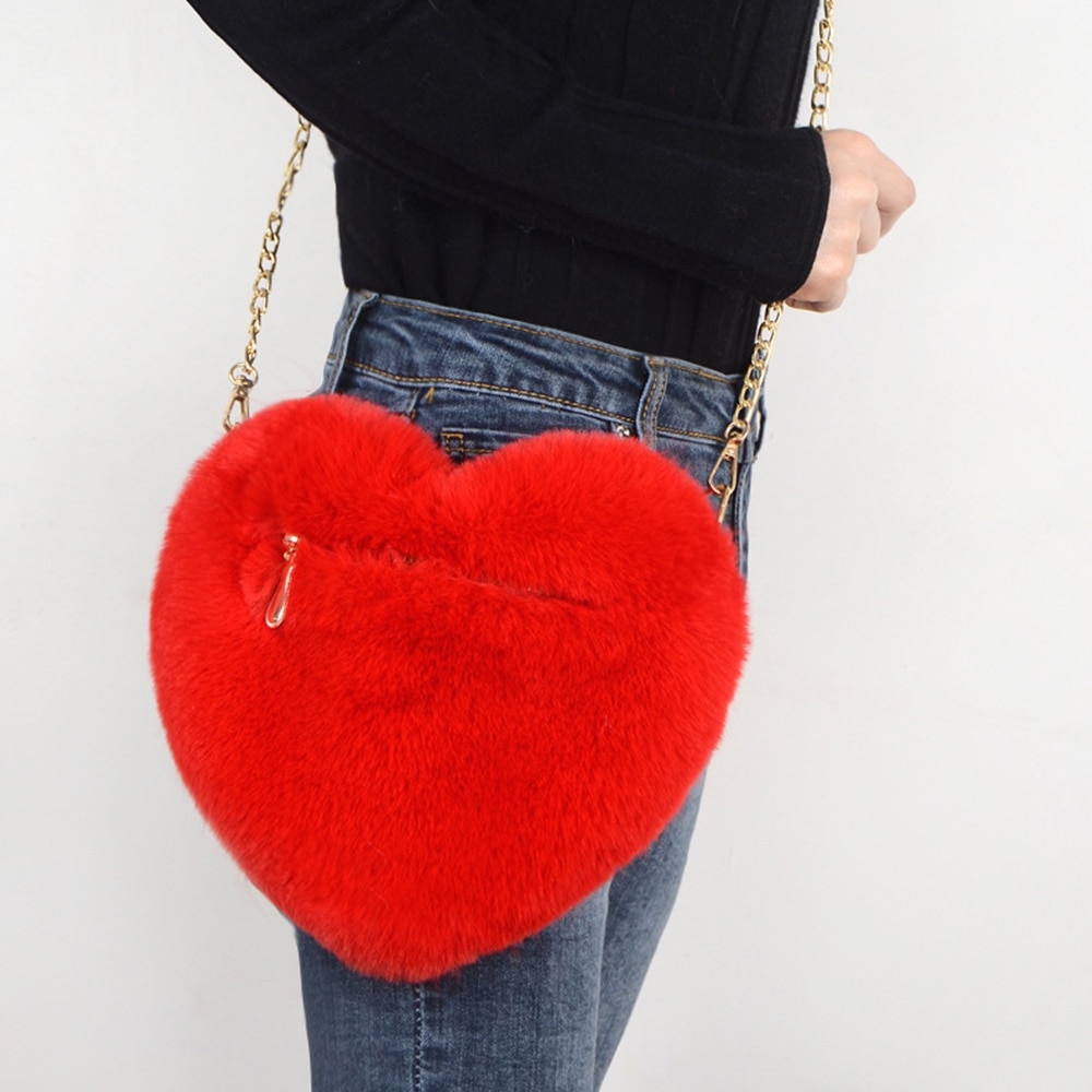 Women's Heart Shaped Handbags Cute Kawaii Faux Fur Crossbody Bags Wallet Purse Chain Shoulder Bag Lady Handbag Girl