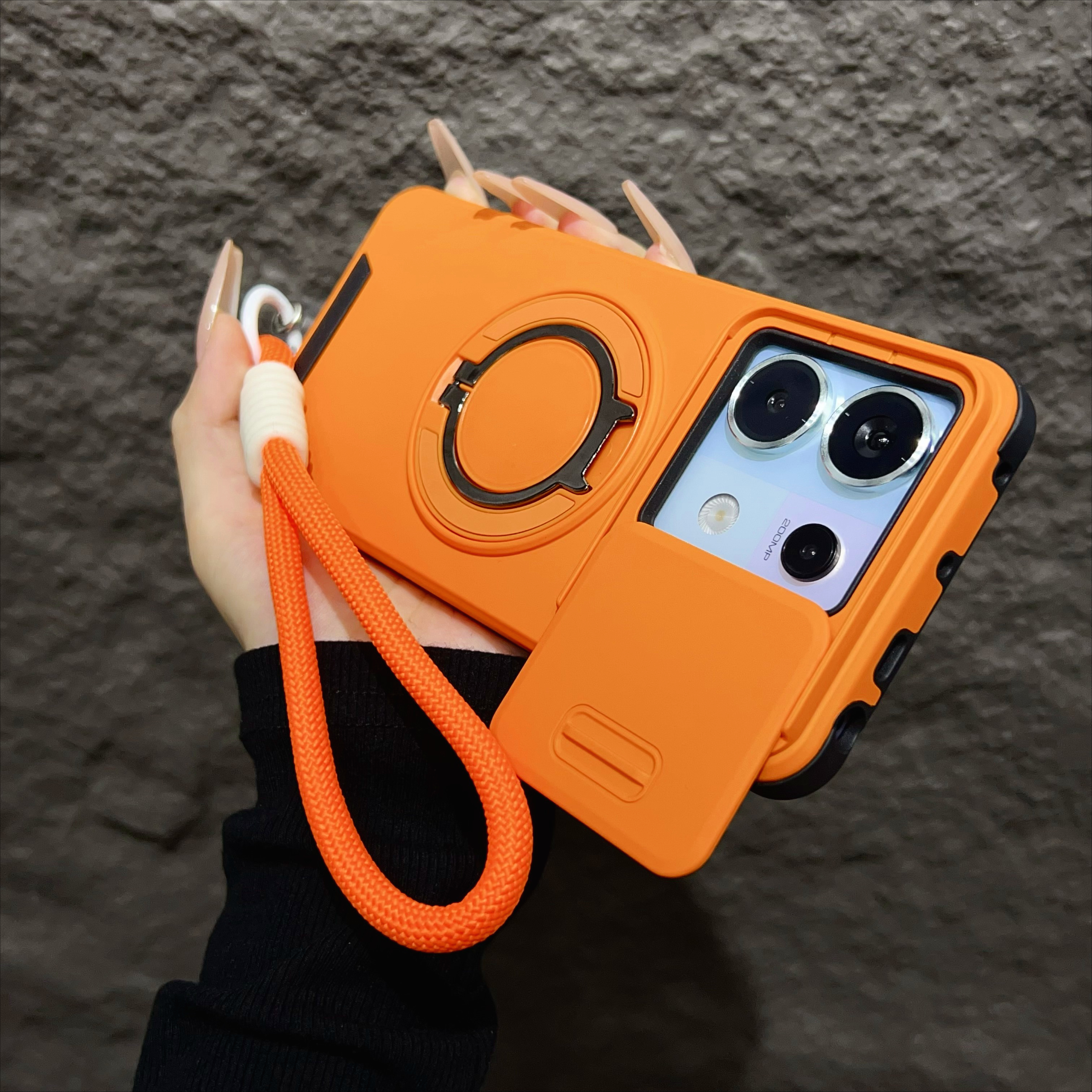 Capa magnética armadura para redmi note 14 13 pro plus 5g 4g xiaomi 14t pro com cordão slide proteção de câmera capa à prova de choque: Tecido De Algodão / laranja