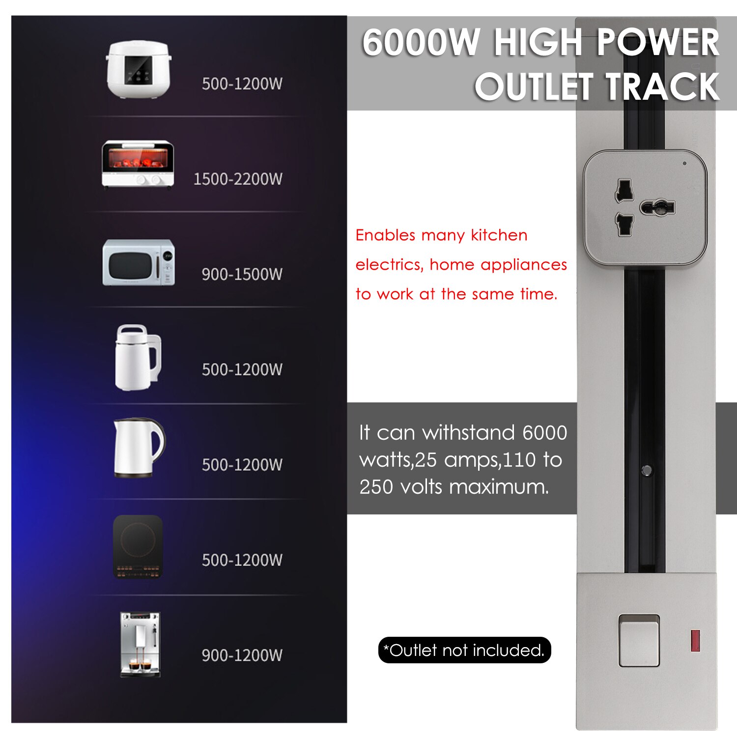 KKmoon Removable Electrical Outlet Track System 6000W Track System Movable Wall Outlet Extender Wireless Strip Sliding Rail