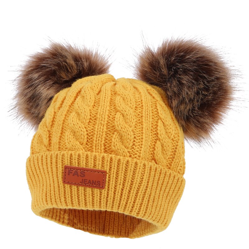 Gorro de Crochet para bebé doble extraíble, Gorro con pompón para niñas pequeñas, gorros de invierno para niños con pompón de piel sintética, gorros para niños: Amarillo