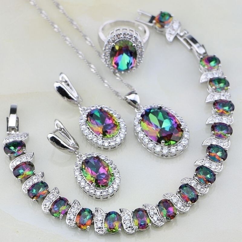 Rainbow Mystic Fire for Women Wedding Necklace Pendant Bracelet Ring Set Jewelry