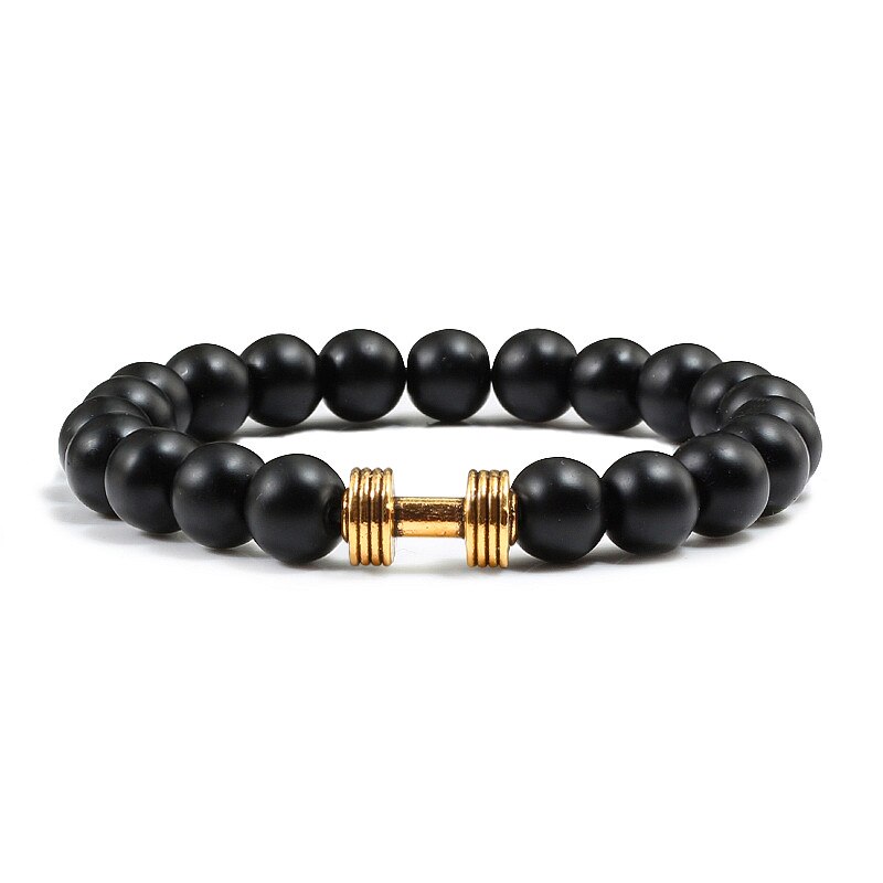 Kausalen Männer Armband Schwarz Natürliche Stein Lava Perlen Legierung Fitness gym Hantel Armbänder Armreifen Charme Frauen Männlichen Outdoor Schmuck: Matte Black Gold