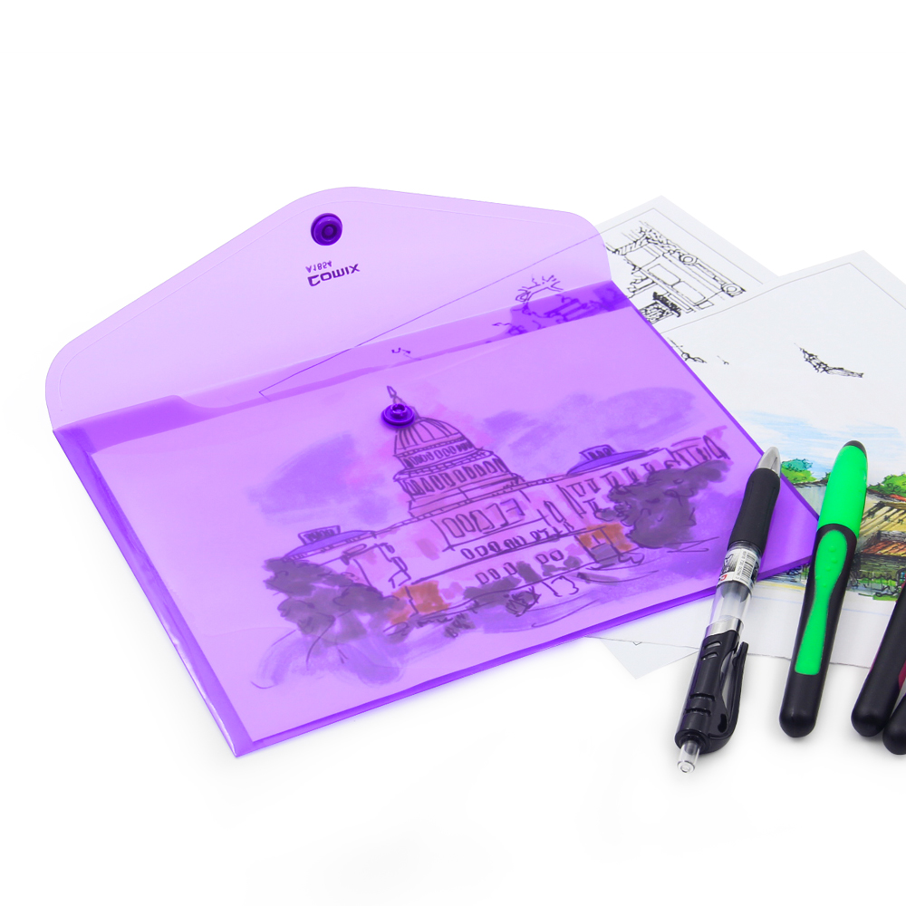 Comix A5 Button Document Bag Paper File Folder Stationery Envelop Folder Transparent Colors,12pcs for 1pack，A1854