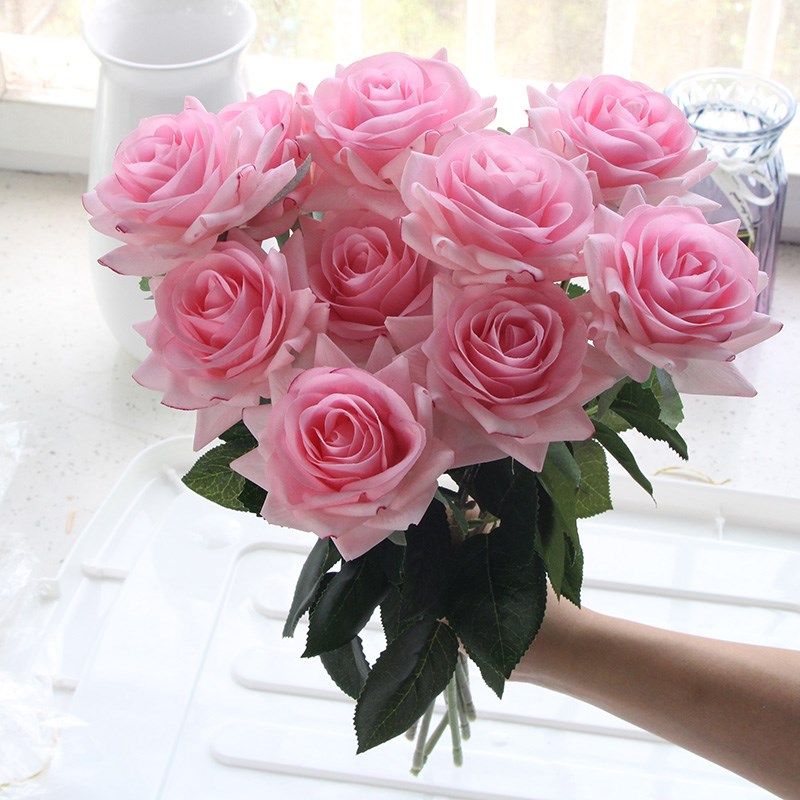 7 Uds. De rosas artificiales, flores de seda de tacto Real para el hogar, mesa de boda, ramo, decoración de