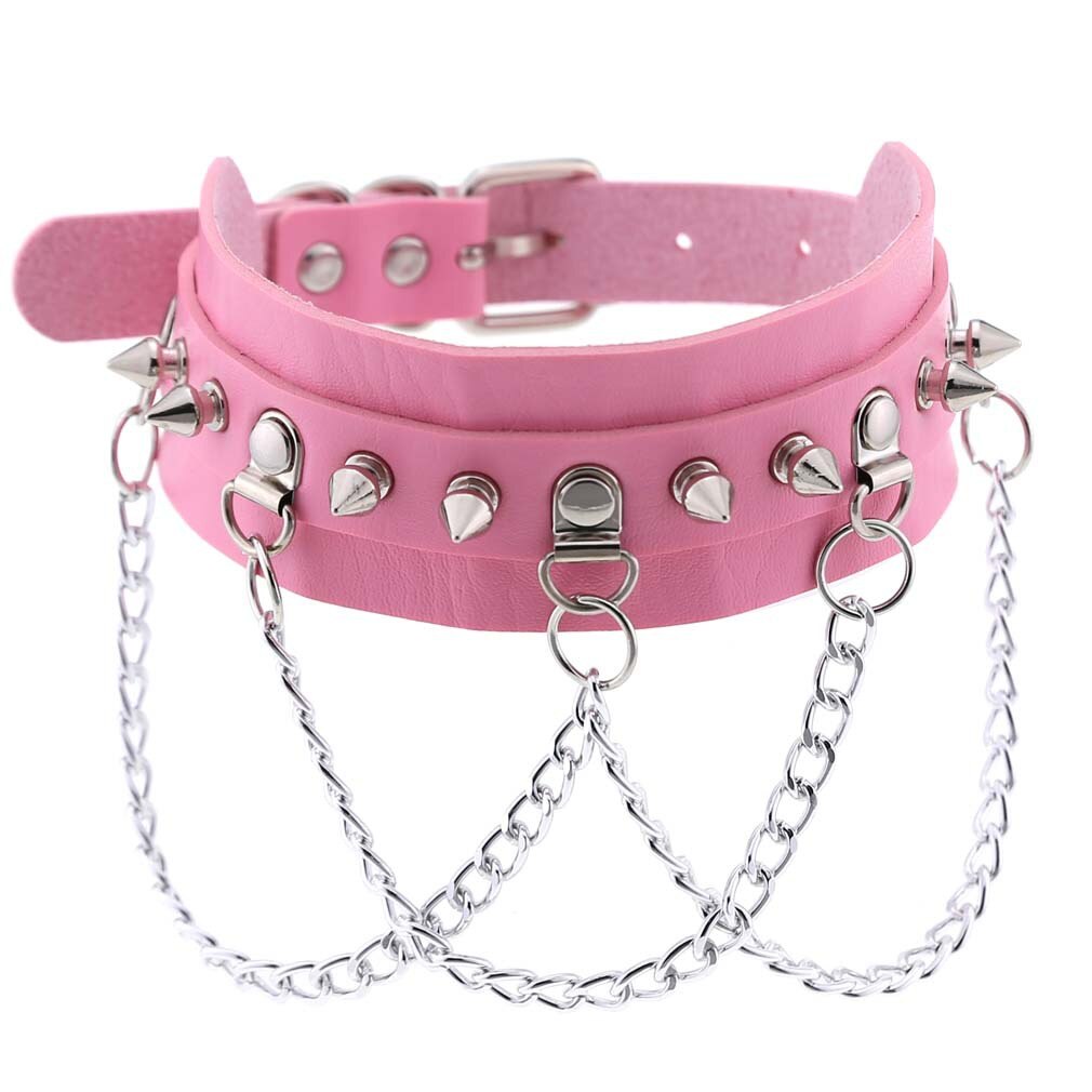 Gothic exaggerated PU leather collar necklace punk metal chain neckband clavicle chain spiked choker big spike choker: pink