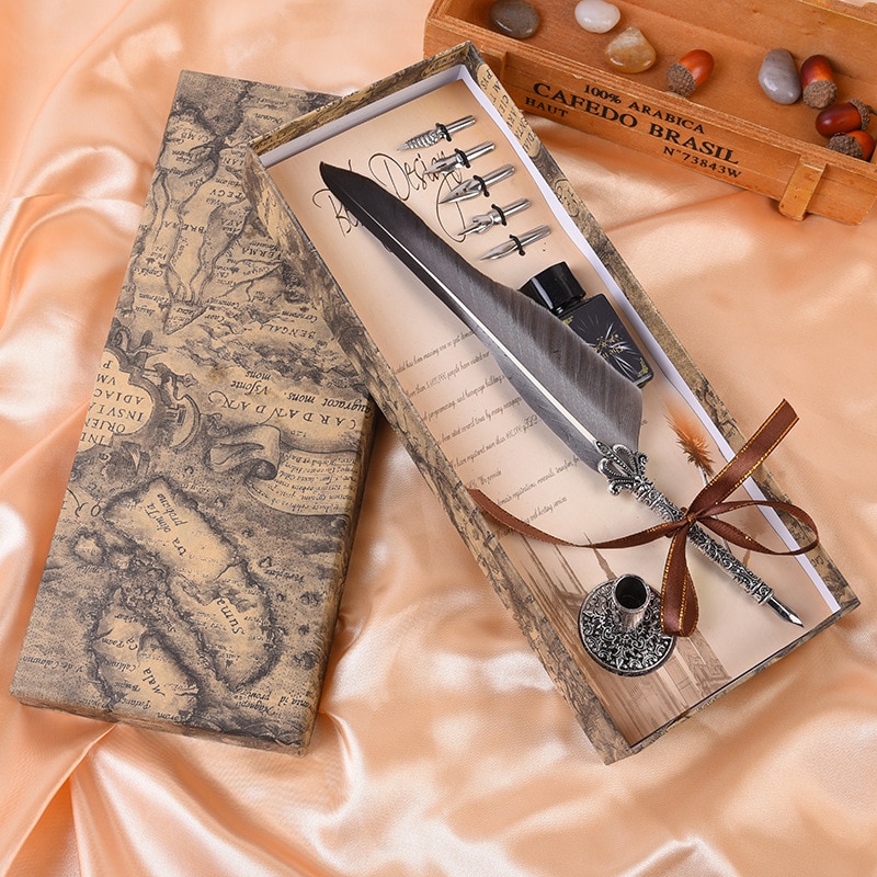 1Set Vintage Kalligrafie Veer Dip Schrijven Pen Inkt Set Briefpapier Box Met 5 Nib Festival Quill Fontein pen