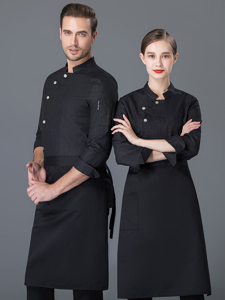 Chaqueta vaquera de Chef informal Unisex, camisa de manga larga con cuello oblicuo, de un solo pecho, para cocina, Catering, restaurante, servicio de comida, uniforme de trabajo