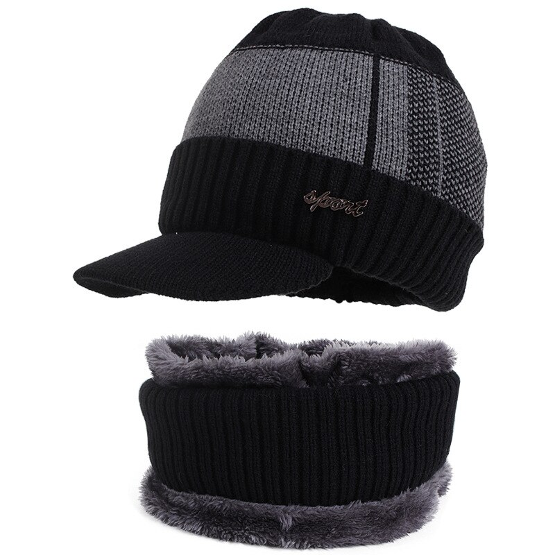 Ensemble de bonnets et écharpes en laine pour homme et femme, Bonnet tricoté, cagoule, masque Gorras, hiver: Black Sets