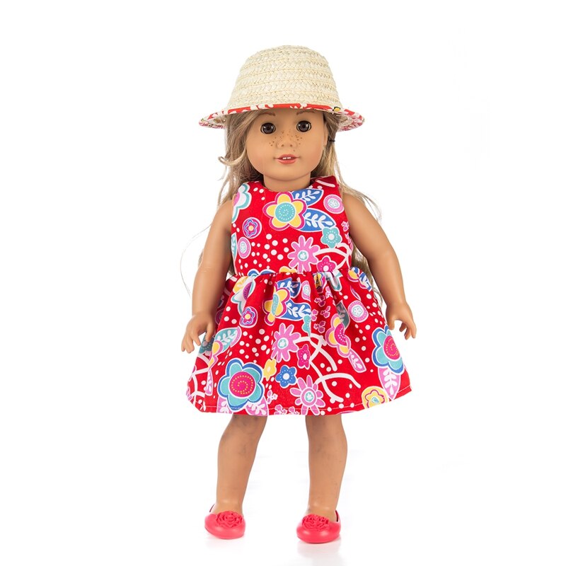 Chapeau de paille chaude + robe adaptée pour vêtements de poupée fille américaine poupée de 18 pouces, de fille de noël (seulement vendre des vêtements)