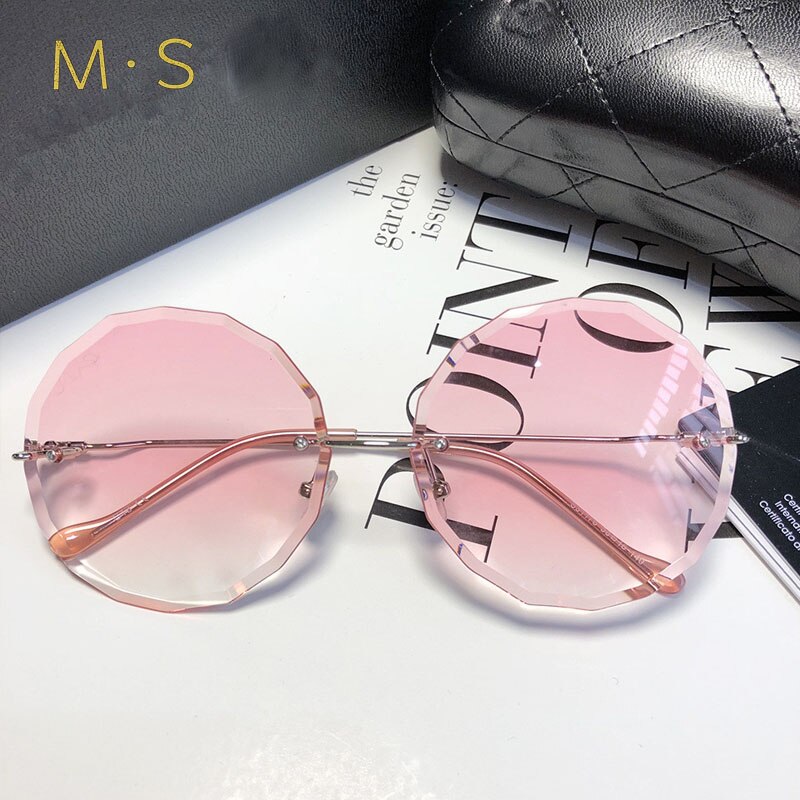 round sunglasses women oversized eyewear gradient brown pink rimless sun glasses for female uv400