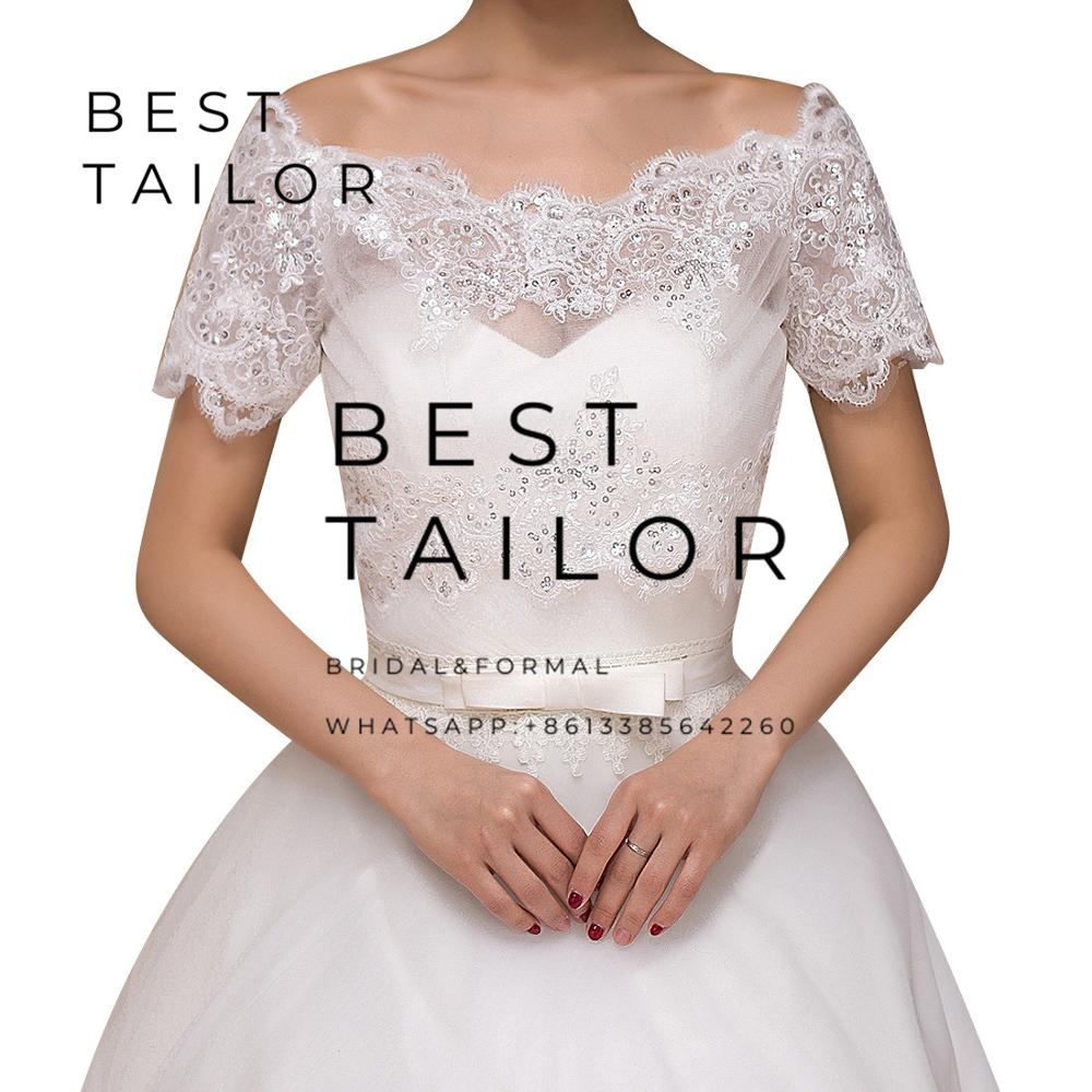 Hvid rød bryllup bolero sjal wrap korte ærmer blonde applikation brude jakke til brudekjole bryllup tilbehør mariage femme: Elfenben / S