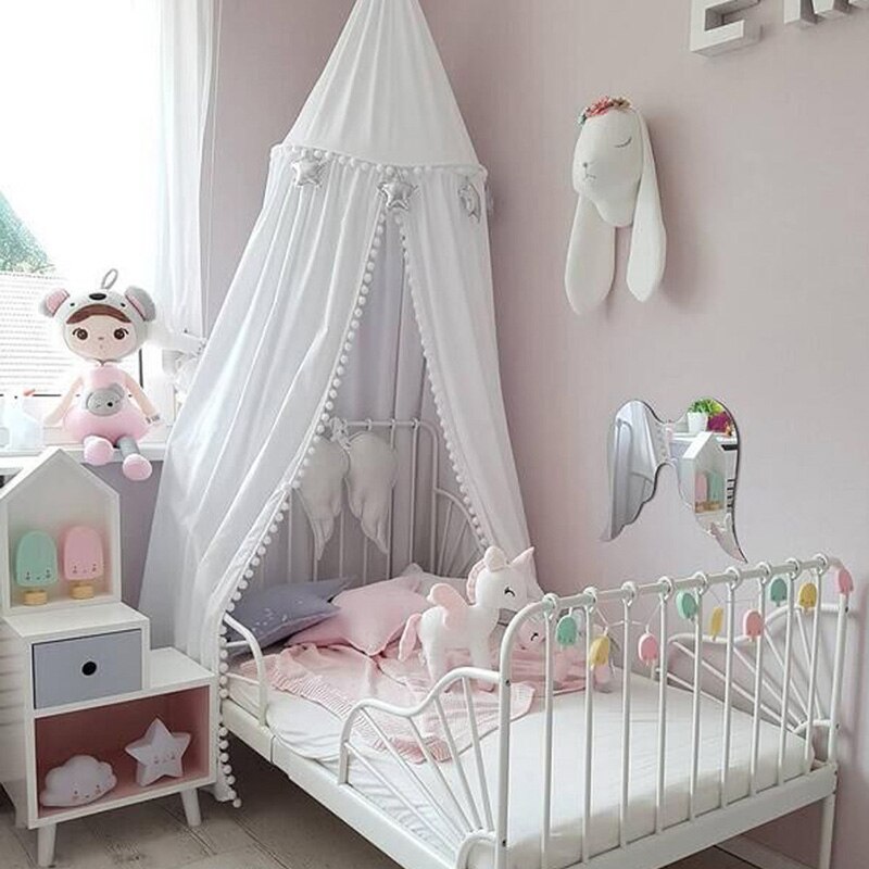 Baby Baldachin Moskito Netz Mädchen Babybett Krippe Bett Hängen Zelt PomPoms Spielen Zelt