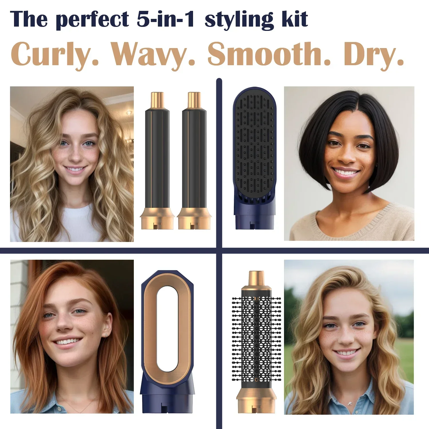 5-in-1 föhnborstel styler set, krultang en stijltang kam, ionische heteluchttool voor snelle haarstyling