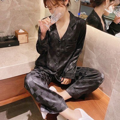 Pajamas women summer spring autumn plus size ice silk thin silk ladies suit pajamas women WOMEN: black / XL