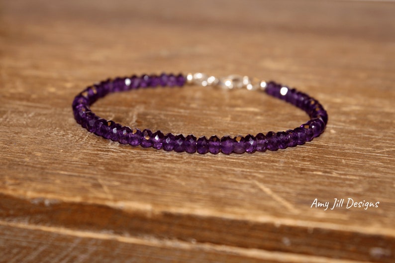 Amethist armband, Amethist sieraden, februari geboortesteen, sterling zilveren kralen, paarse edelsteen