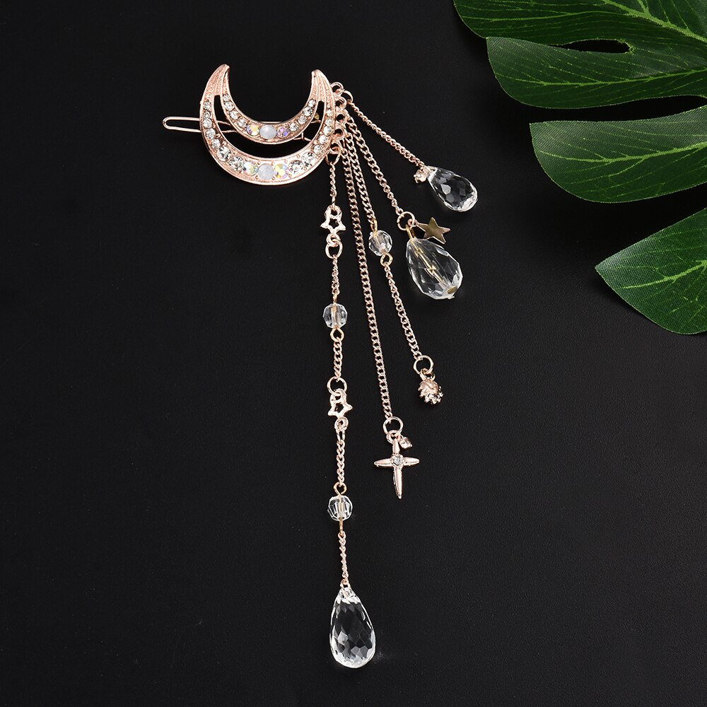 Elegante Frauen Dame Mond Strass Kristall Quaste Lange Kette Perlen Baumeln Haarnadel Haar Clip Haar Schmuck