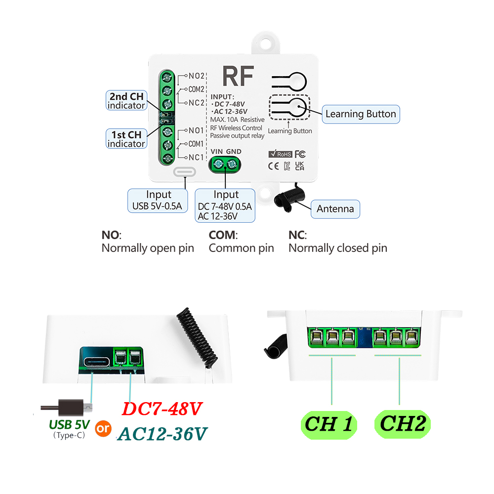 RF433MHz uniwersalny bezprzewodowy nadajnik zdalnego sterowania DC 12V 24V AC12-36V 2CH przekaźnik odbiornika do garażu roleta światło drzwi