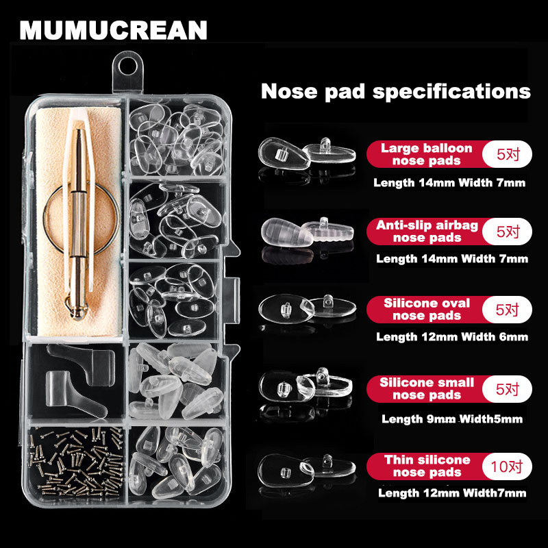Plaquettes nasales en Silicone pour lunettes, outil de réparation de lunettes optiques de remplacement avec tournevis, pincettes, crochets d'oreille