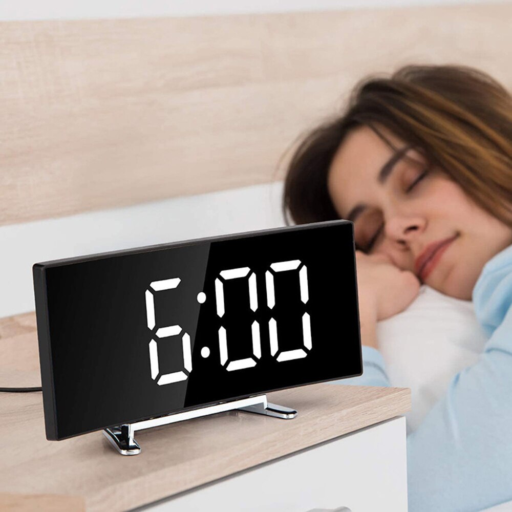 Digital Black Alarm Clock 7 Inch Curved Dimmable LED Digital Clock for Kids Bedroom Green Large Number Clock Lightweight