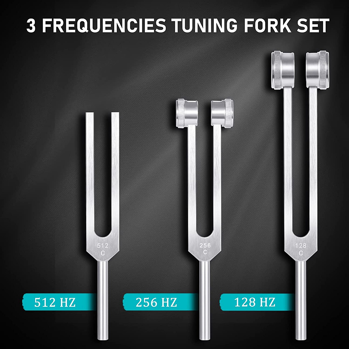 4 Pack Tuning Fork Set(128Hz, 256Hz, 512Hz)with Tuning Fork Hammer for Sound Sound Vibration Tool with Base,Silver