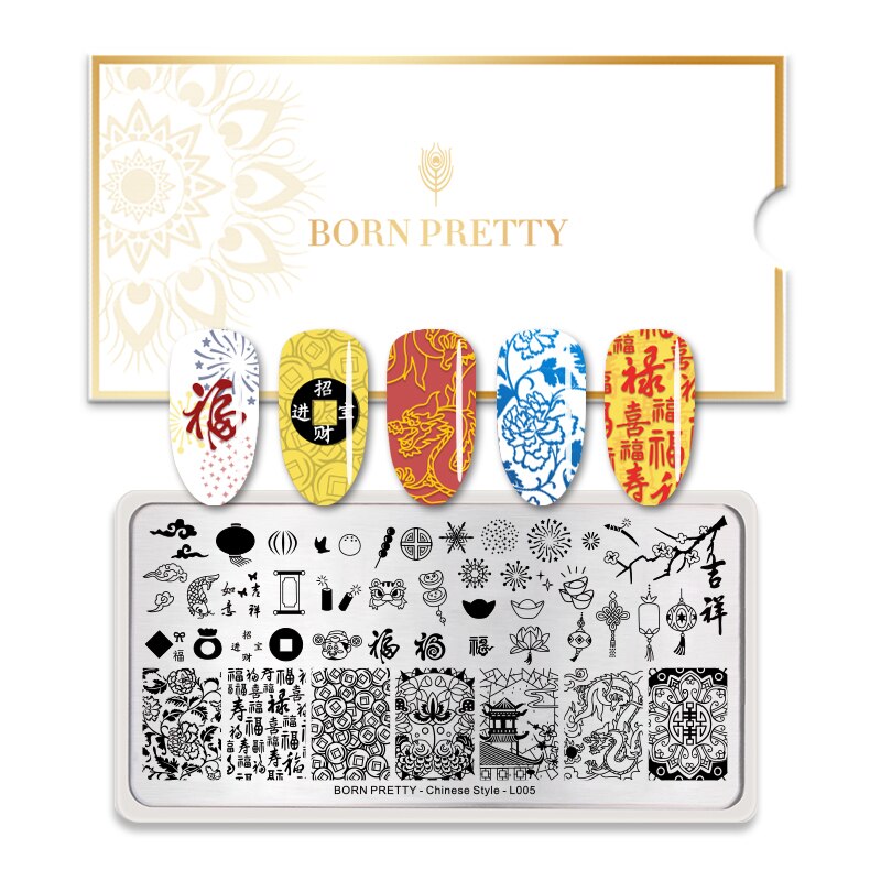 Geboren Pretty Nail Art Image Template Dragon Chinese Lantaarn Rvs Nail Stempelen Platen L005