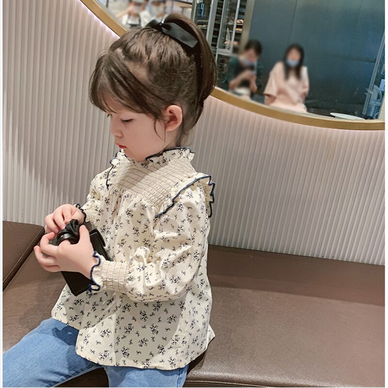 Ropa de manga larga para niñas pequeñas, Blusa de flores de primavera, camisas florales fruncidas, Top de estilo coreano
