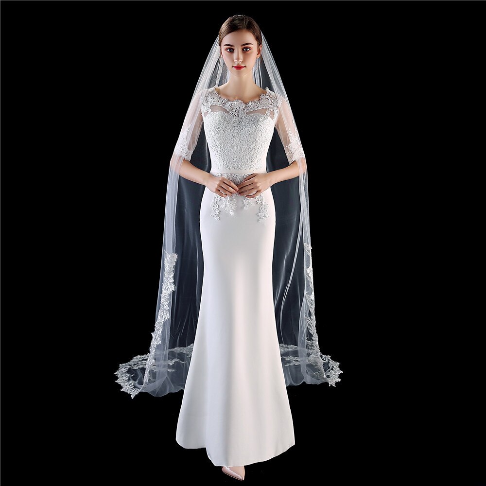 Bridal Veils Mrs Win Wedding Dress With Comb Lace Edge One-layer Appliqued 3m Cathedral Veil