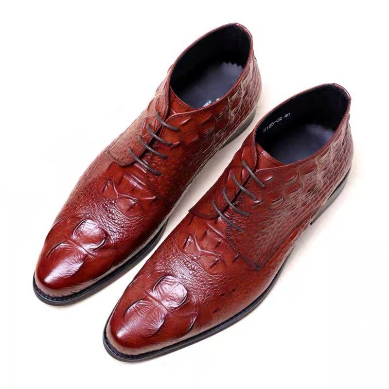 Cheville pour hommes, chaussure à bout pointu et à talons bas, Crocodile, Business, mocassins pour homme, tendance à lacets: brown / 45