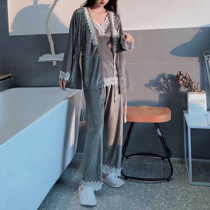De vierdelige herfst- en winterpyjama's, comfortabele en sexy kanten pyjama's voor thuis, nachtkleding