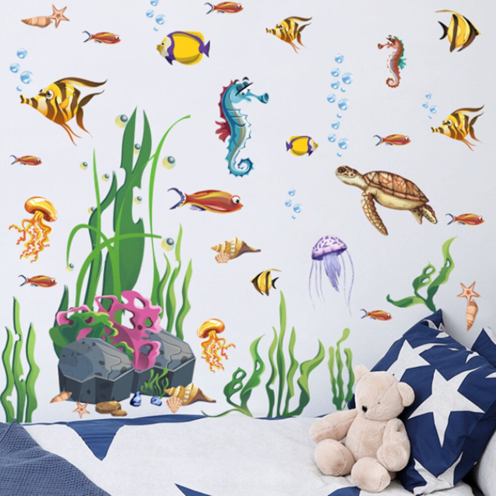 Ocean Creature Sea Life Stickers Removable Sea Turtle Fish Ocean Grass Decor for Kids Baby Nursery Bedroom Playroom Bathroom