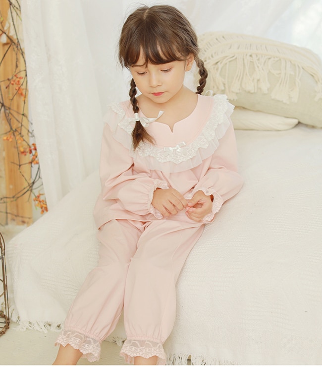 Børn piger lolita lyserøde pyjamas sæt. langærmede toppe + bukser. vintage småbørn børne blonder pyjamas sæt. royal stil sove loungewear