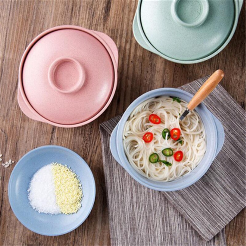Lunch Tray Dishes Soup Bowl with Lid Dinnerware Pure Natural Wheat Straw Salad Noodles Plate Plastic Tableware