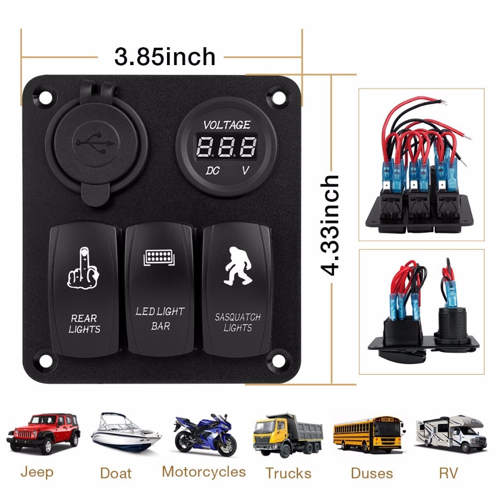 DC 12V-24V 3 Gang Toggle Rocker Switch Panel Waterproof Digital Voltmeter + Dual USB Power Charger Blue Led Light Control Panel