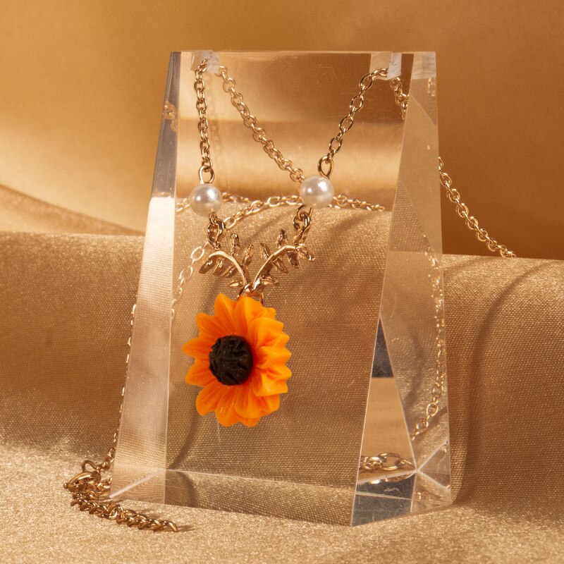 Muzhi Mode Eenvoudige Zonnebloem Hanger Ketting Voor Vrouwen Leaf Pearl Gold Choker Ketting Leuke Meisje Verjaardag Sieraden: gold